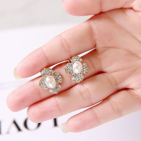 Pendientes de clip con forma geométrica de cristal y perla de diamantes de imitación, sin perforaciones