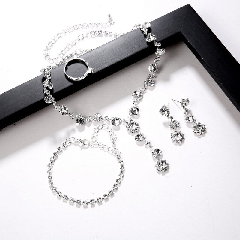 Luxury Crystal Pearl Necklace/Bracelet/Ring/Earrings Ladies Jewelry Sets