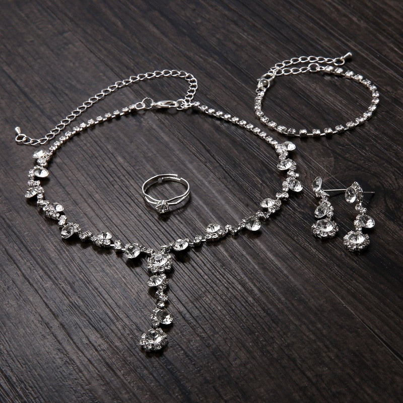 Luxury Crystal Pearl Necklace/Bracelet/Ring/Earrings Ladies Jewelry Sets