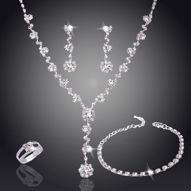 Luxury Crystal Pearl Necklace/Bracelet/Ring/Earrings Ladies Jewelry Sets