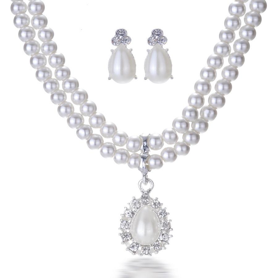 Luxury Crystal Pearl Necklace/Bracelet/Ring/Earrings Ladies Jewelry Sets