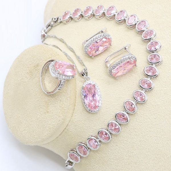 Geometric Pink Zircon Bracelet Earrings Necklace Pendant Ring Wedding Set