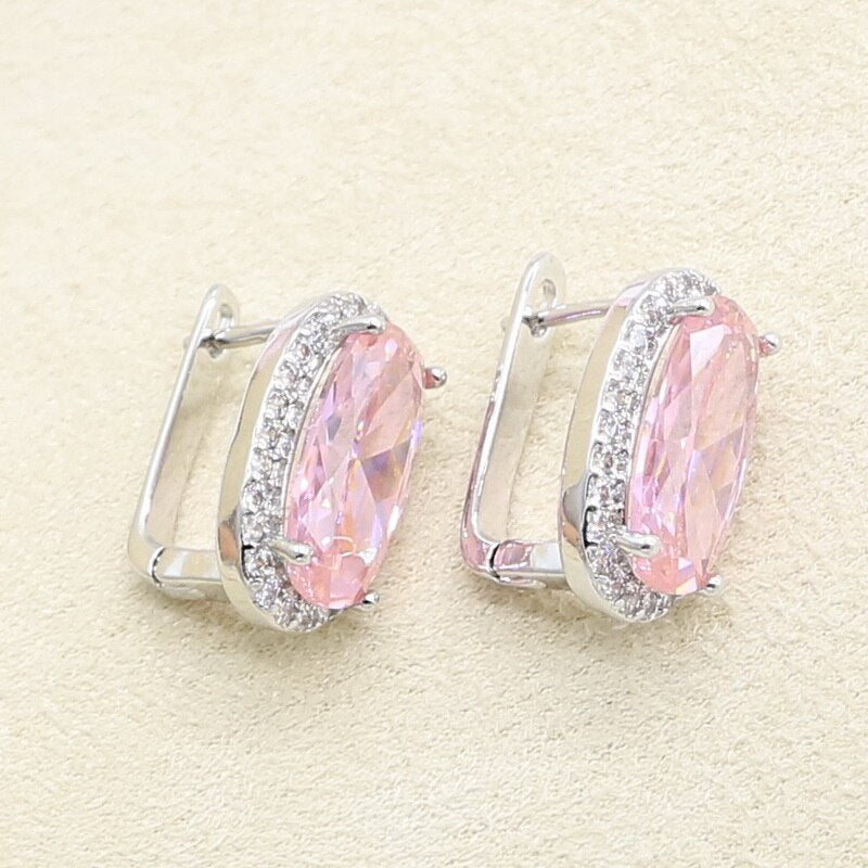 Geometric Pink Zircon Bracelet Earrings Necklace Pendant Ring Wedding Set
