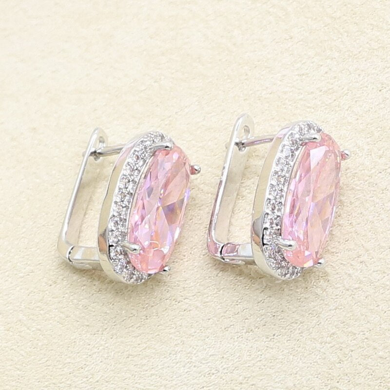 Geometric Pink Zircon Bracelet Earrings Necklace Pendant Ring Wedding Set