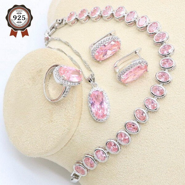 Geometric Pink Zircon Bracelet Earrings Necklace Pendant Ring Wedding Set