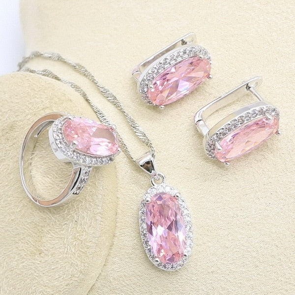 Geometric Pink Zircon Bracelet Earrings Necklace Pendant Ring Wedding Set