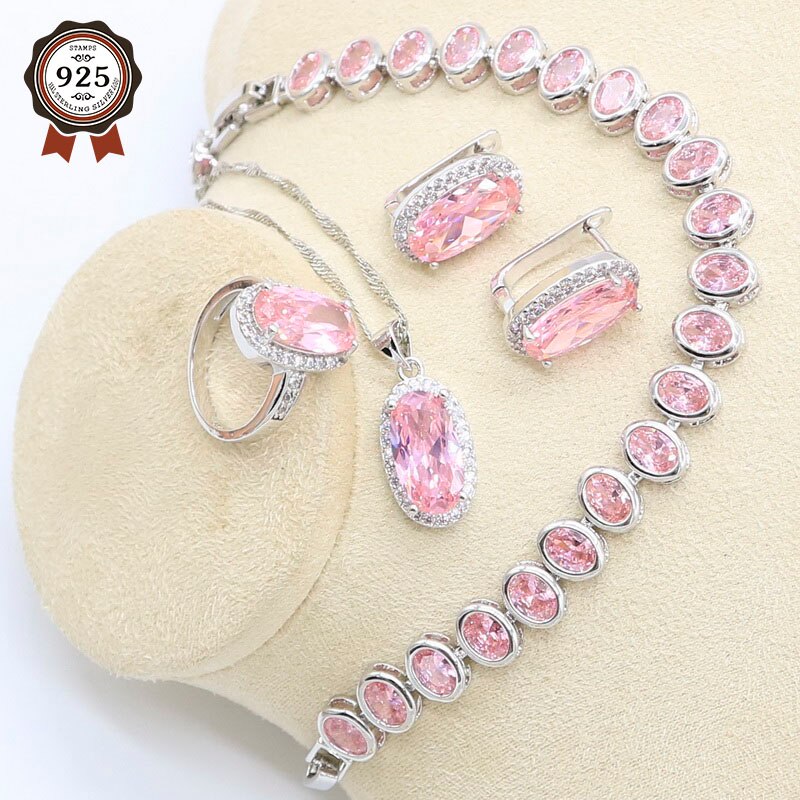 Geometric Pink Zircon Bracelet Earrings Necklace Pendant Ring Wedding Set