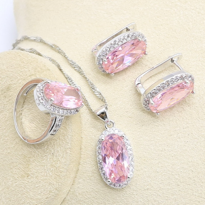 Geometric Pink Zircon Bracelet Earrings Necklace Pendant Ring Wedding Set