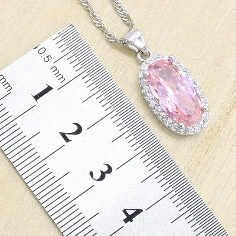 Geometric Pink Zircon Bracelet Earrings Necklace Pendant Ring Wedding Set