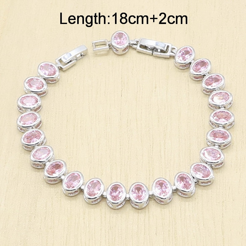 Geometric Pink Zircon Bracelet Earrings Necklace Pendant Ring Wedding Set