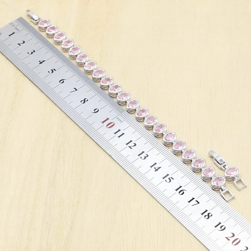 Geometric Pink Zircon Bracelet Earrings Necklace Pendant Ring Wedding Set