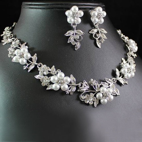 Floral Faux Pearl Silver Plated Necklace Earrings Bridal Jewelry Set