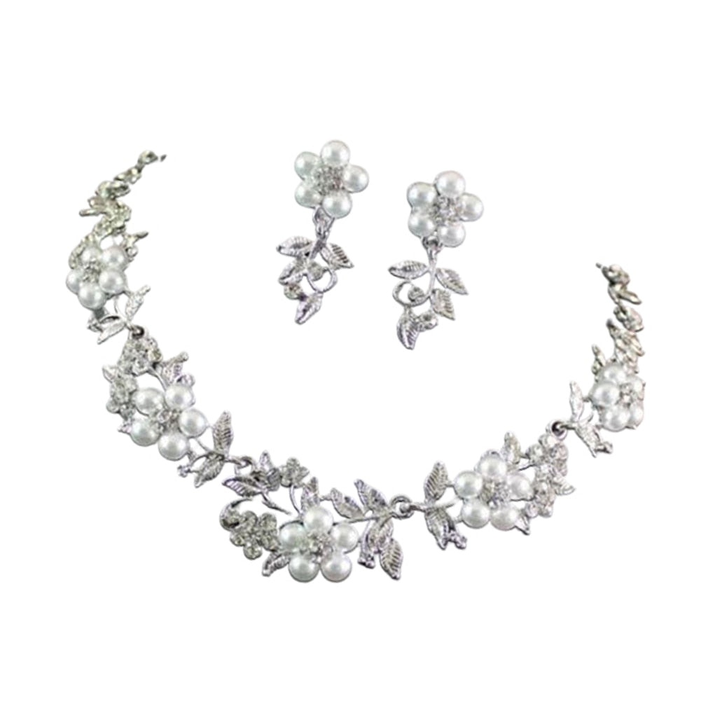 Floral Faux Pearl Silver Plated Necklace Earrings Bridal Jewelry Set
