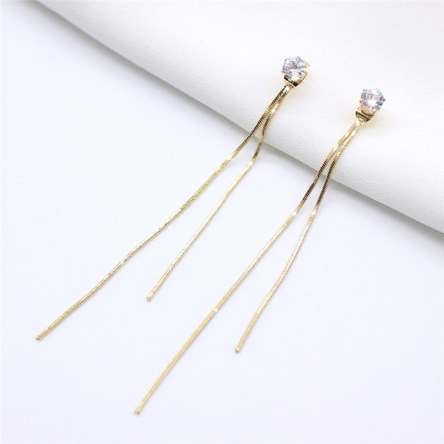 Long Silver Plated Crystal Leaf Tassel Drop Earrings