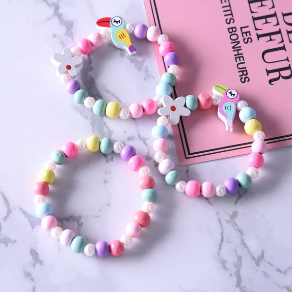 Pulsera de cuentas de madera con dibujos de flores y animales de colores