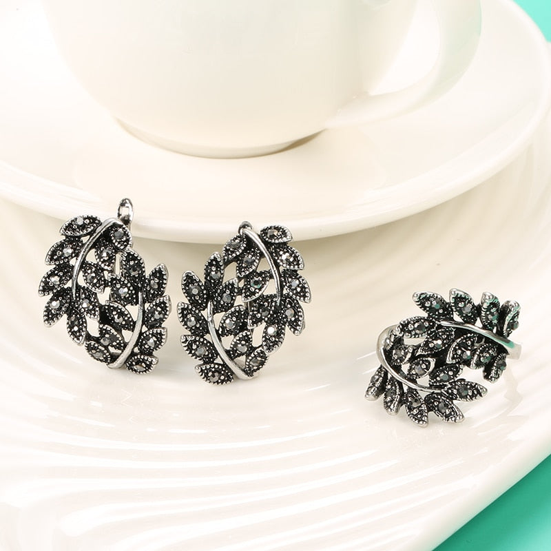 Antique Silver Color Hollow Flower Crystal Stud Earring Rings Sets