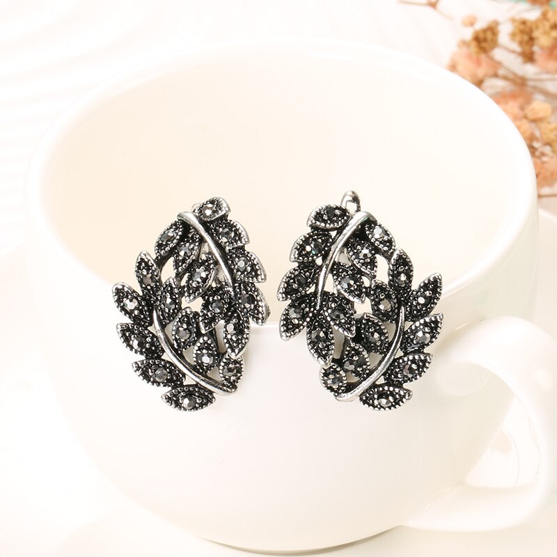 Antique Silver Color Hollow Flower Crystal Stud Earring Rings Sets