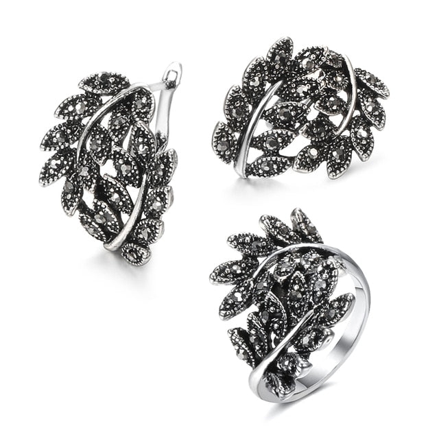 Antique Silver Color Hollow Flower Crystal Stud Earring Rings Sets