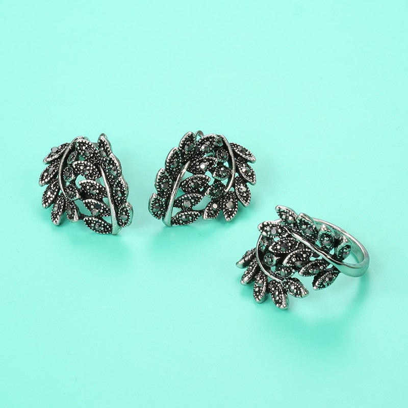 Antique Silver Color Hollow Flower Crystal Stud Earring Rings Sets