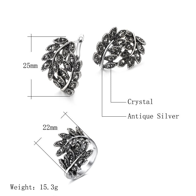 Antique Silver Color Hollow Flower Crystal Stud Earring Rings Sets