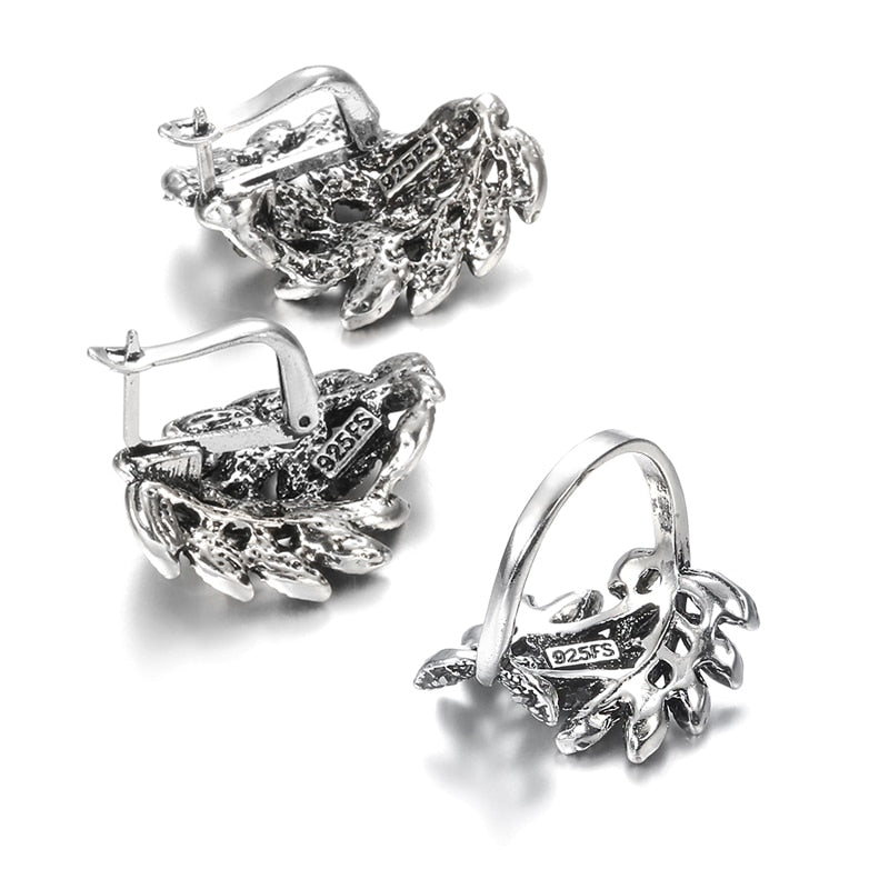 Antique Silver Color Hollow Flower Crystal Stud Earring Rings Sets