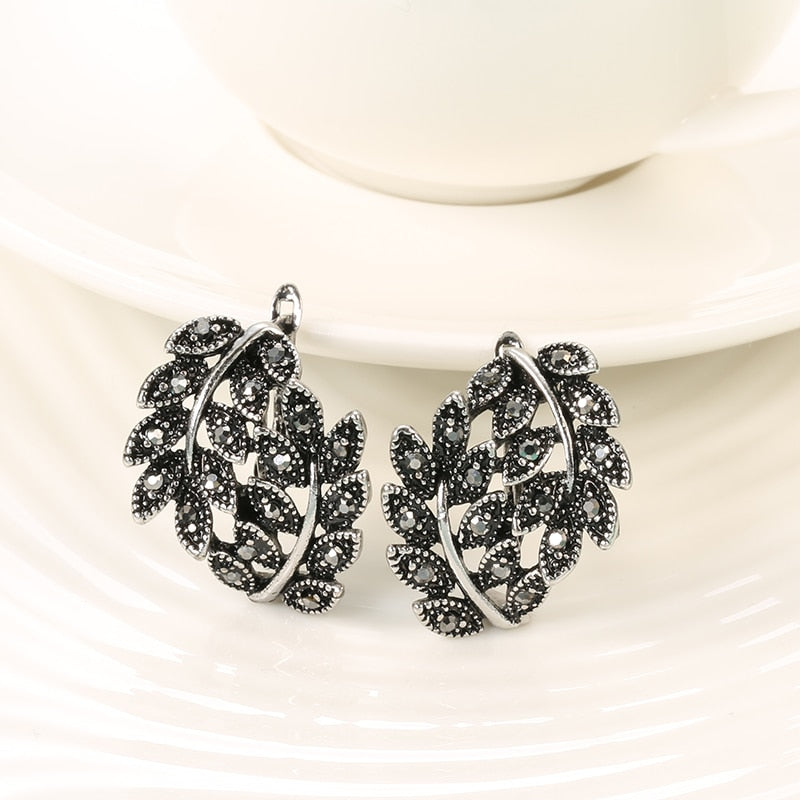 Antique Silver Color Hollow Flower Crystal Stud Earring Rings Sets