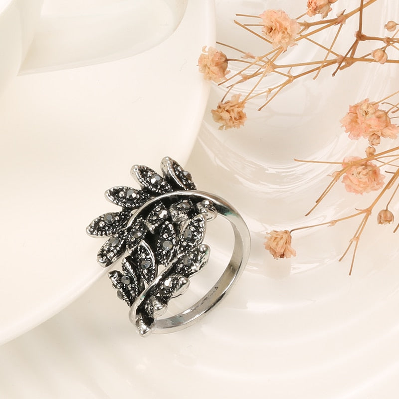 Antique Silver Color Hollow Flower Crystal Stud Earring Rings Sets
