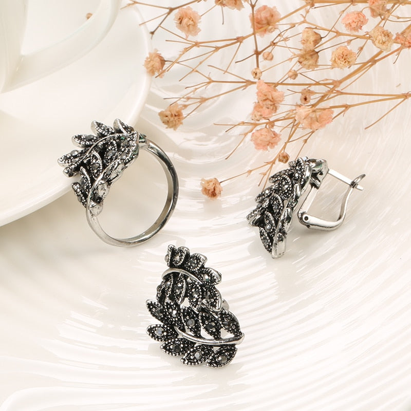 Antique Silver Color Hollow Flower Crystal Stud Earring Rings Sets