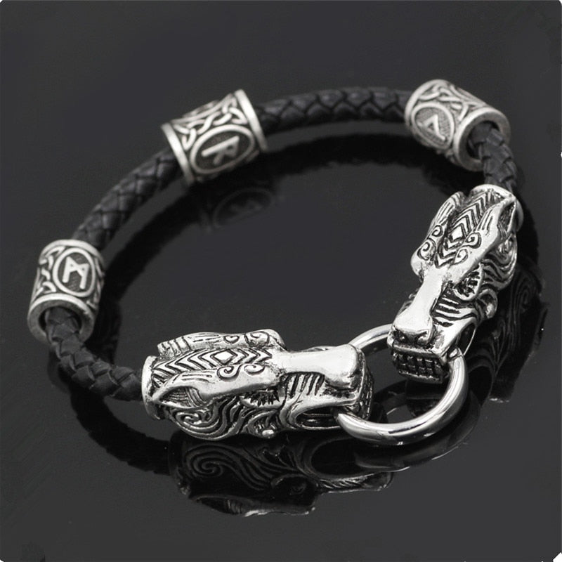 Vintage Tiger Head Viking Rune Bead Leather Bracelets