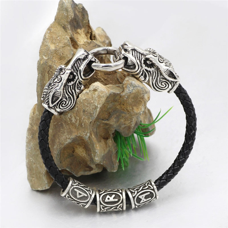 Vintage Tiger Head Viking Rune Bead Leather Bracelets