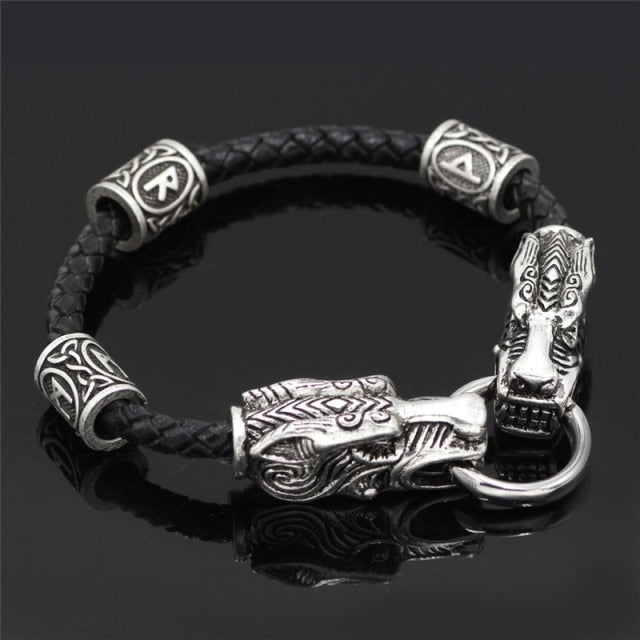 Vintage Tiger Head Viking Rune Bead Leather Bracelets