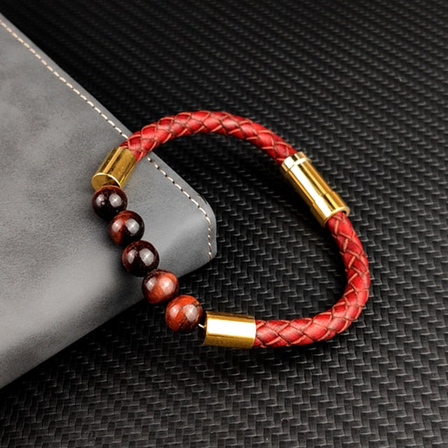 Men's Black Leather Volcanic Beaded Braclets