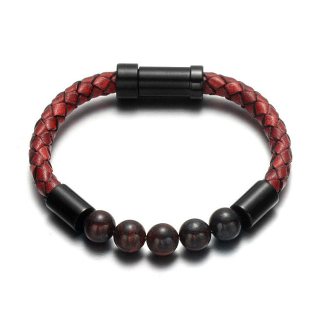 Men's Black Leather Volcanic Beaded Braclets