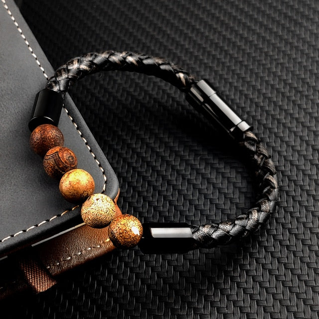 Men's Black Leather Volcanic Beaded Braclets