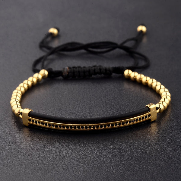 Pulseras de macramé de lujo con circonita negra y cuentas de cobre para hombre