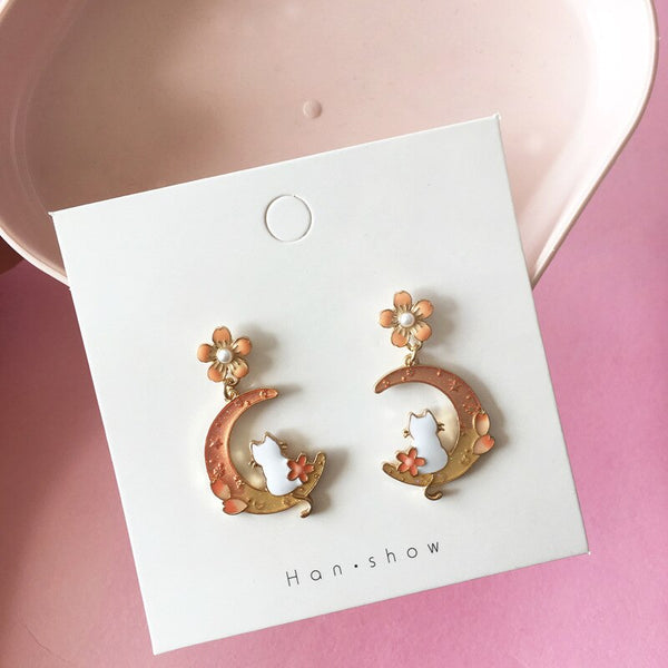 Pendientes de clip con flores de Sakura esmaltadas de estilo japonés para niñas
