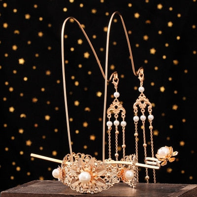 Luxury Fashion Bride style pearl tassel hairpin haircomb earrings set