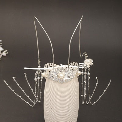 Luxury Fashion Bride style pearl tassel hairpin haircomb earrings set