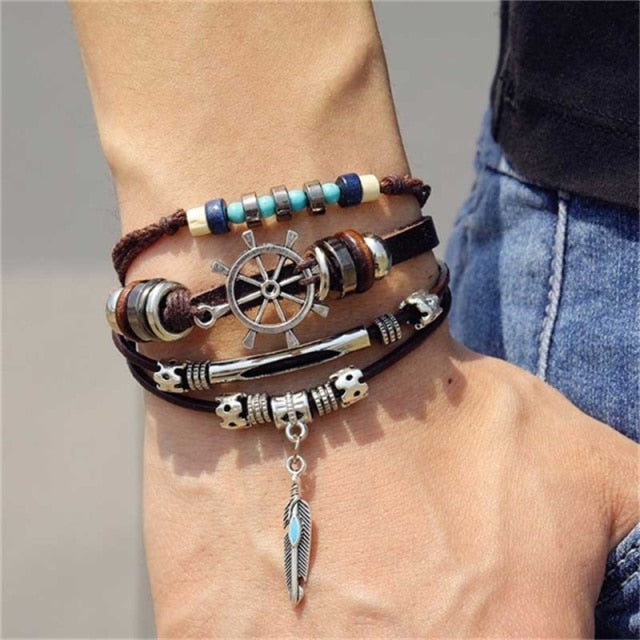 Fashion Hand-knitted Multi-layer Leather Feather Leaf Bracelet