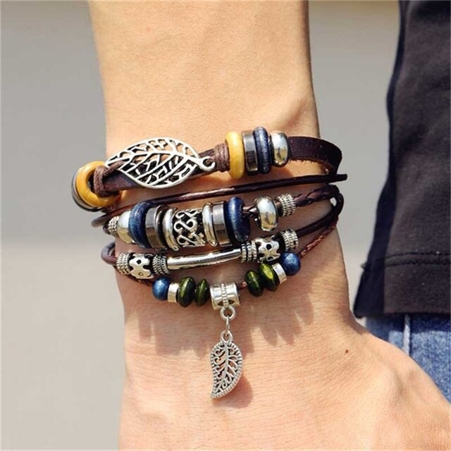 Fashion Hand-knitted Multi-layer Leather Feather Leaf Bracelet