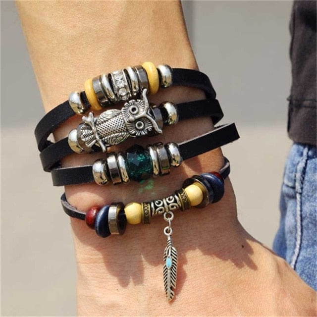 Fashion Hand-knitted Multi-layer Leather Feather Leaf Bracelet