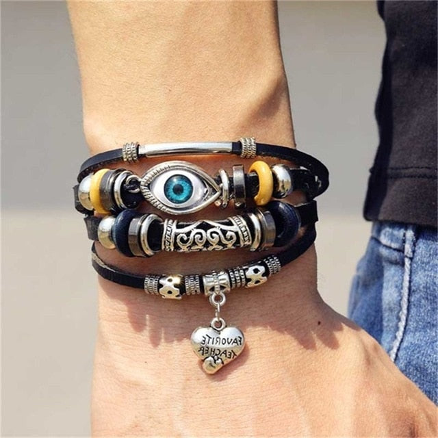 Fashion Hand-knitted Multi-layer Leather Feather Leaf Bracelet