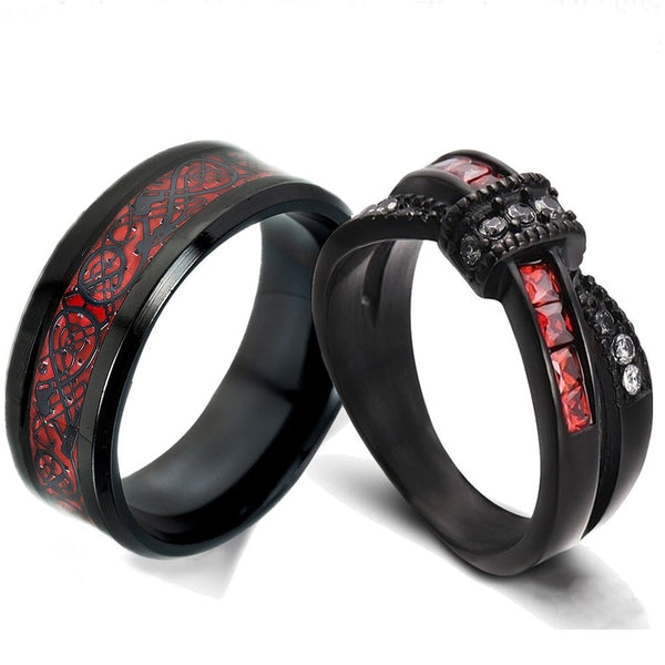 Mens Classic Red Dragon Ring and Women Red Garnet Cross Crystal Wedding Ring