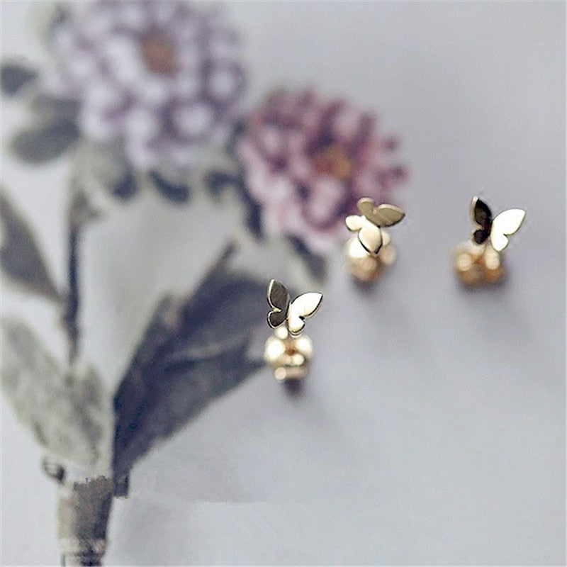 925 Sterling Silver Plating 14k Gold Simple Shiny Glossy Butterfly Earrings