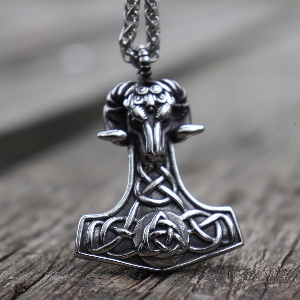 Mjolnir Thor’s Hammer Sheep Head Stainless Steel   Viking Odin Pendant Necklace
