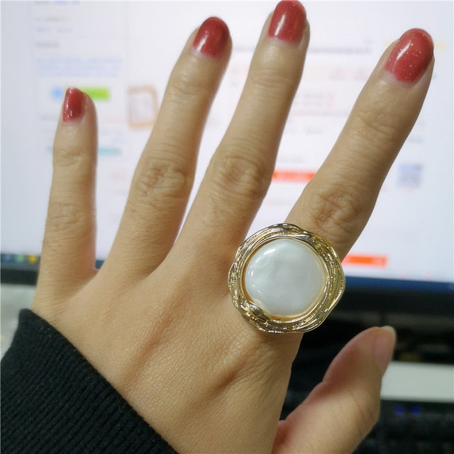 Big Imitation Pearls  Gold Color Metal Hollow  Rings