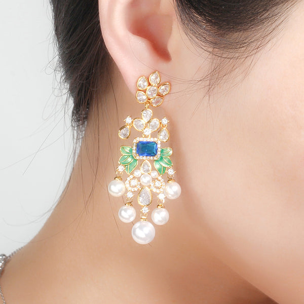 Boho Cubic Zirconia Crystal Setting Vintage Flower Long Pearl Drop Danging Earrings