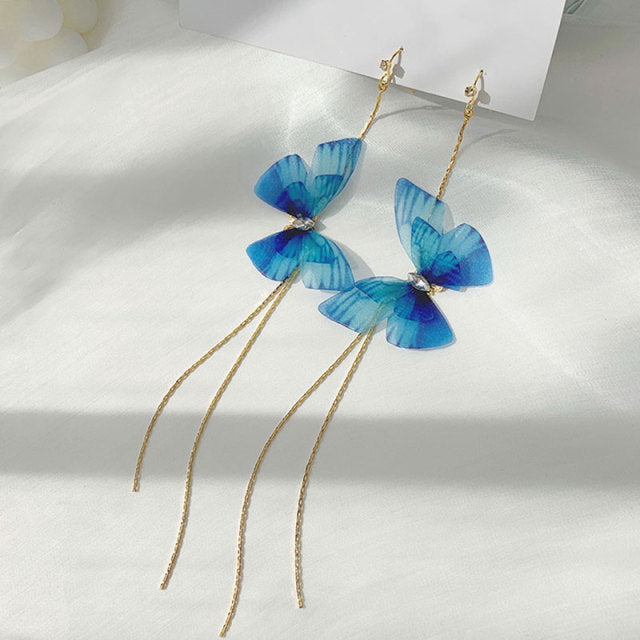 New Trendy Long Tassel Transparent Yarn Blue Purple Butterfly Earring
