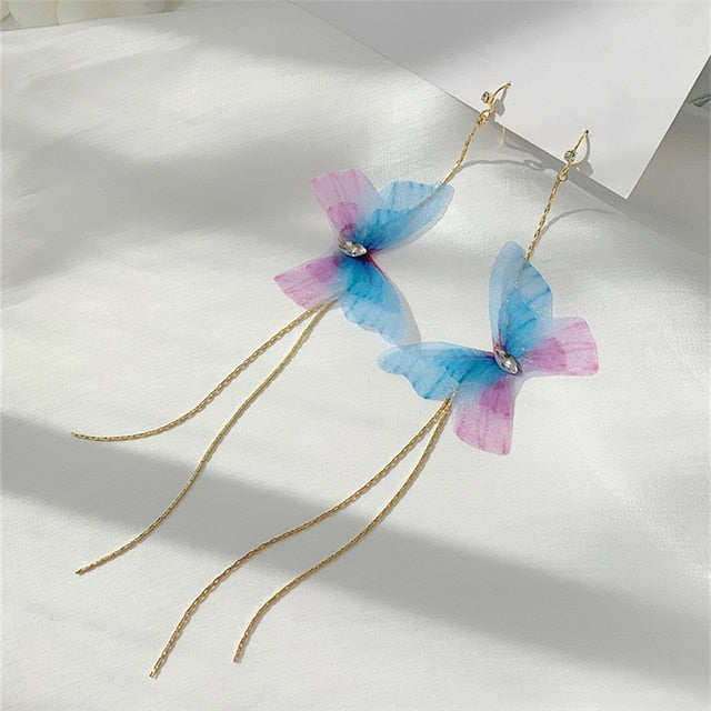 New Trendy Long Tassel Transparent Yarn Blue Purple Butterfly Earring