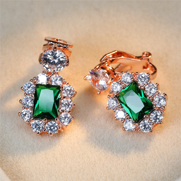 Pendientes de clip de cristal verde de lujo para mujer, aretes de color plata con dijes